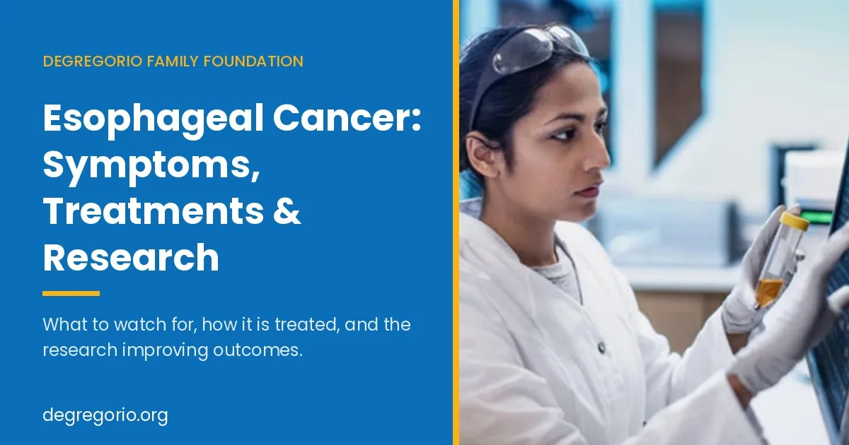 Esophageal cancer guide from the DeGregorio Family Foundation, showing a researcher in a cancer laboratory