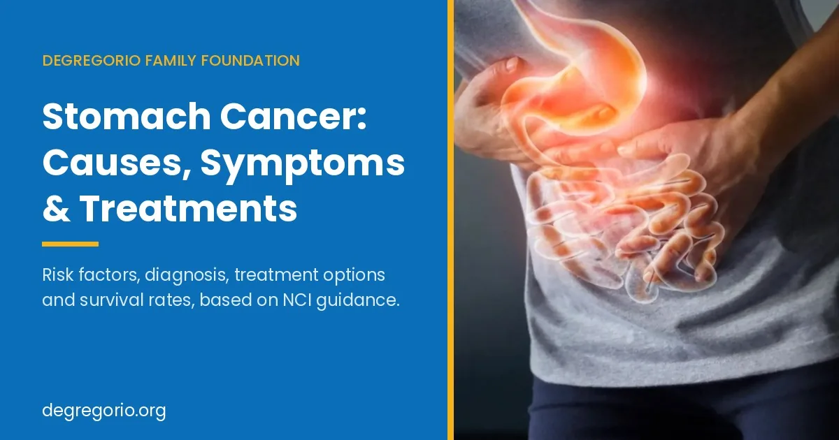 Stomach cancer guide from the DeGregorio Family Foundation, showing an illustration of the stomach and digestive system